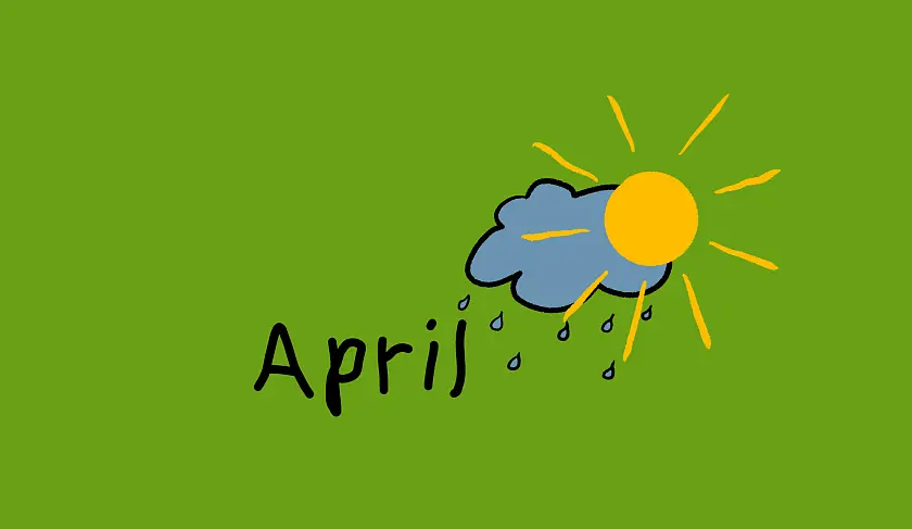 gemaltes Bild auf dem eine Regenwolke und eine Sonne zu sehen ist. Daneben steht April.