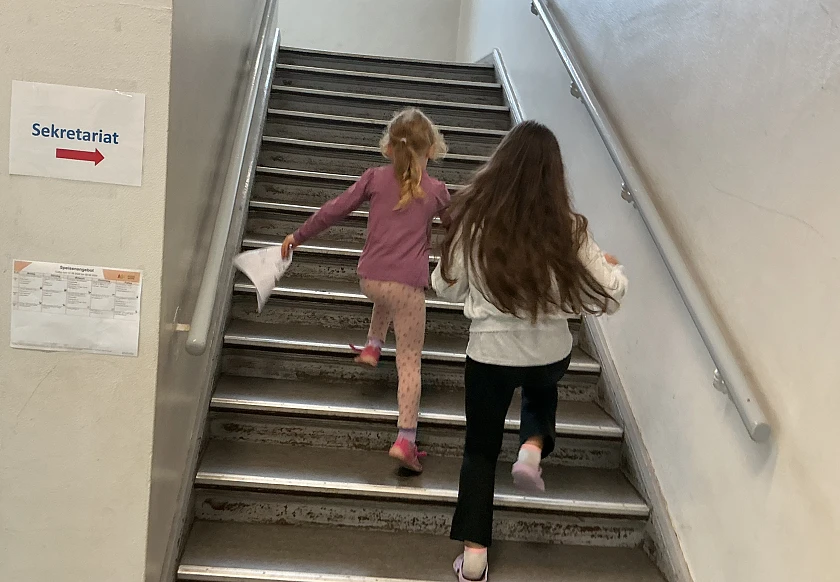 Zwei Patinnen rennen gemeinsam die Treppe hoch