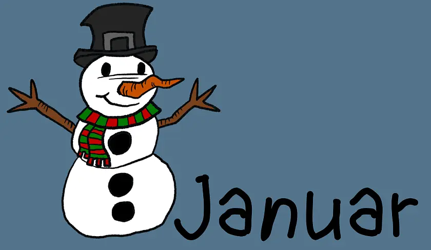 gemaltes Bild auf dem ein Schneemann zu sehen ist. Daneben steht Januar.