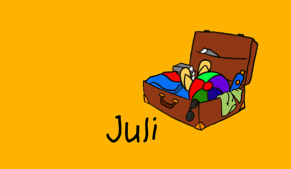 gemaltes Bild auf dem ein Koffer zu sehen ist. Daneben steht Juli.