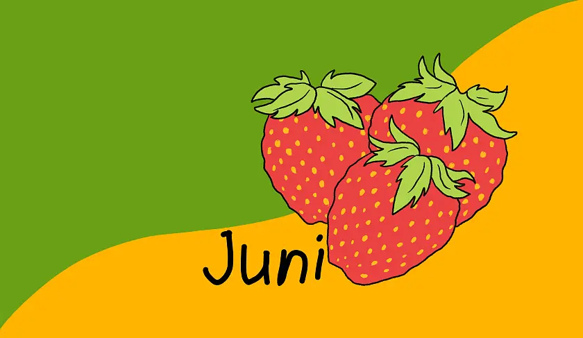 gemaltes Bild auf dem drei Erdbeeren zu sehen sind. Daneben steht Juni.