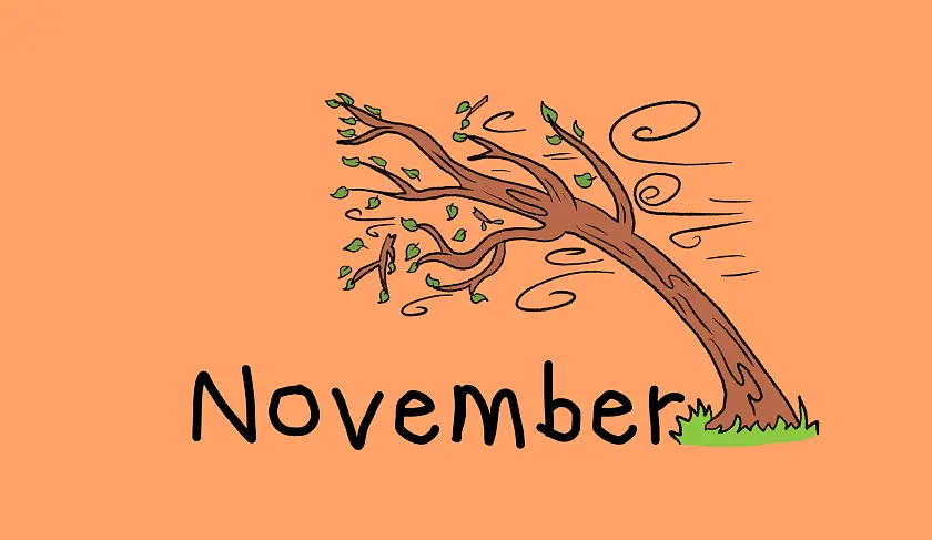 gemaltes Bild auf dem ein Baum im Wind zu sehen ist. Daneben steht November.
