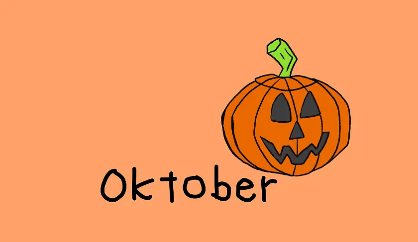 gemaltes Bild auf dem ein Kürbis zu sehen ist. Daneben steht Oktober.